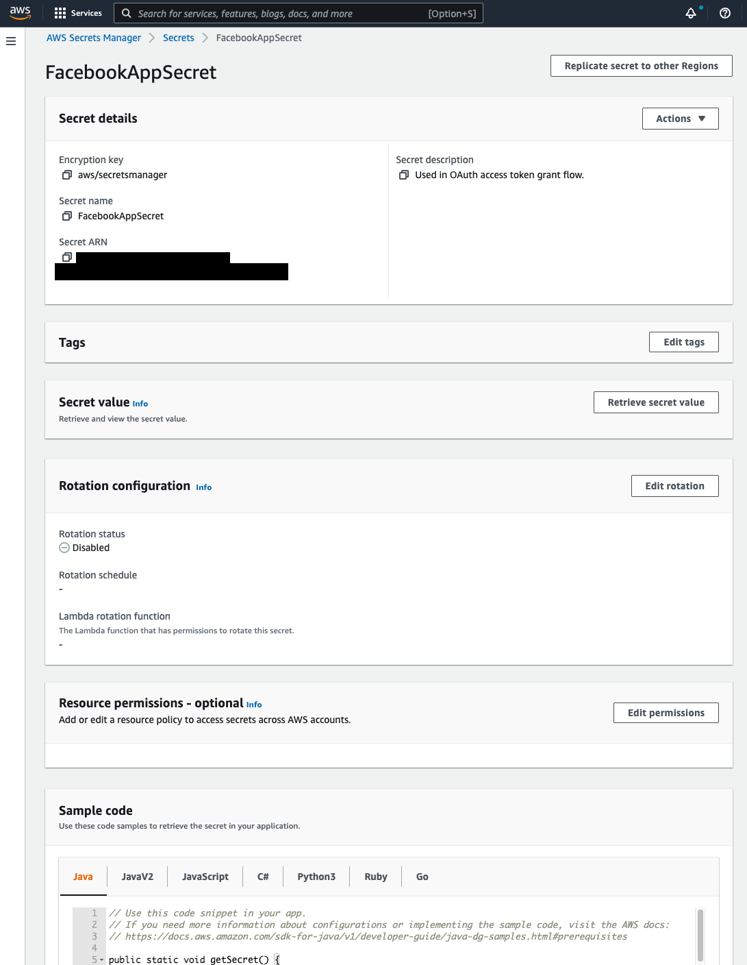 AWS Secrets Manager screenshot