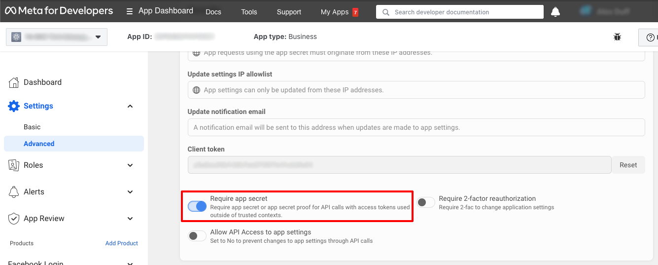 Meta App Dashboard Require app secret checkbox
