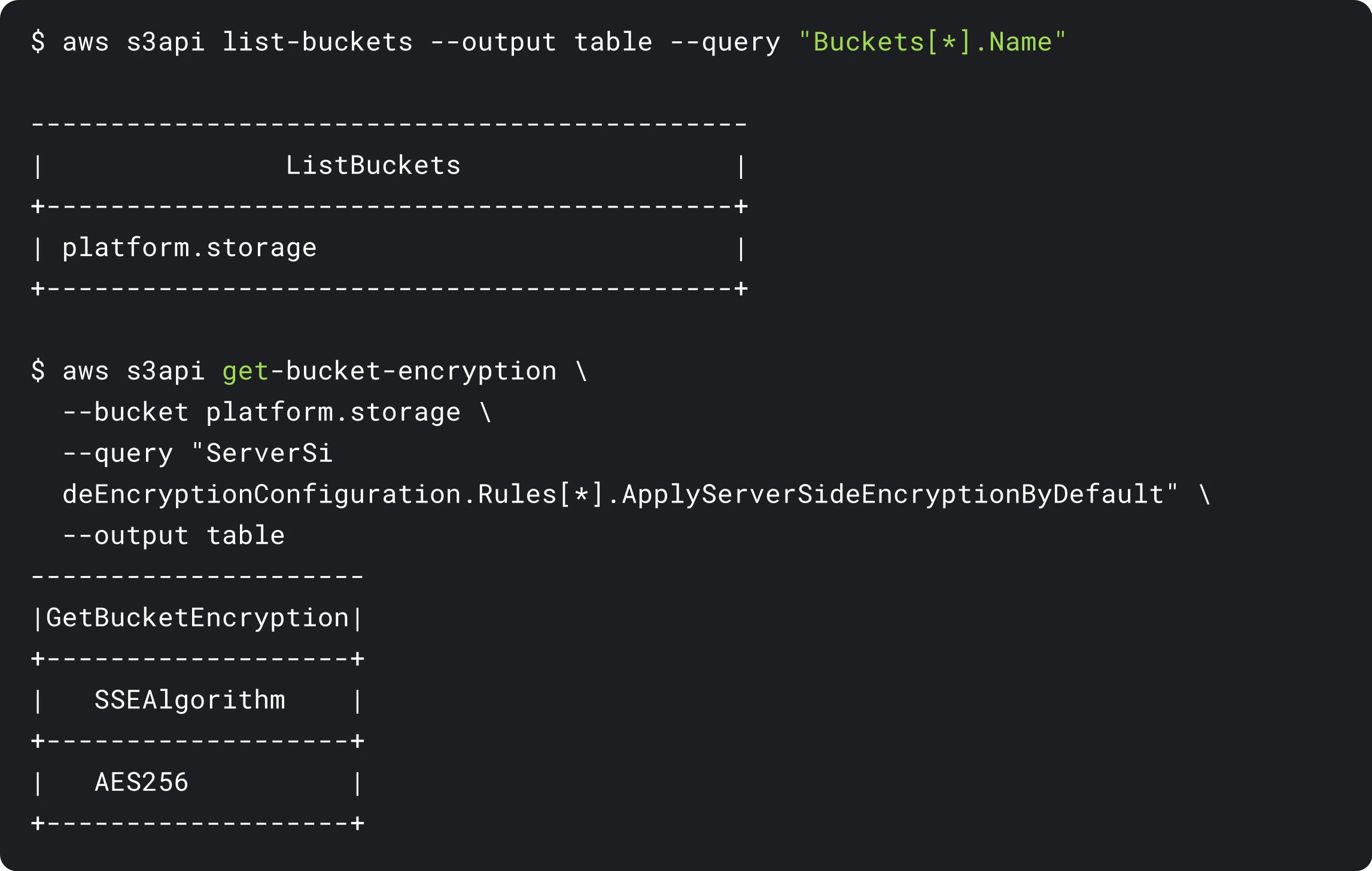 aws list-buckets query results