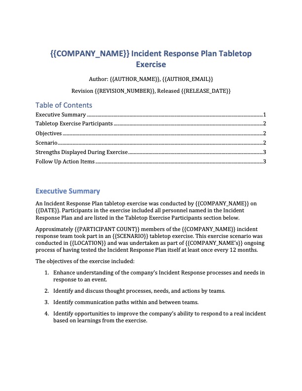 Incident Response Plan Tabletop Exercise example